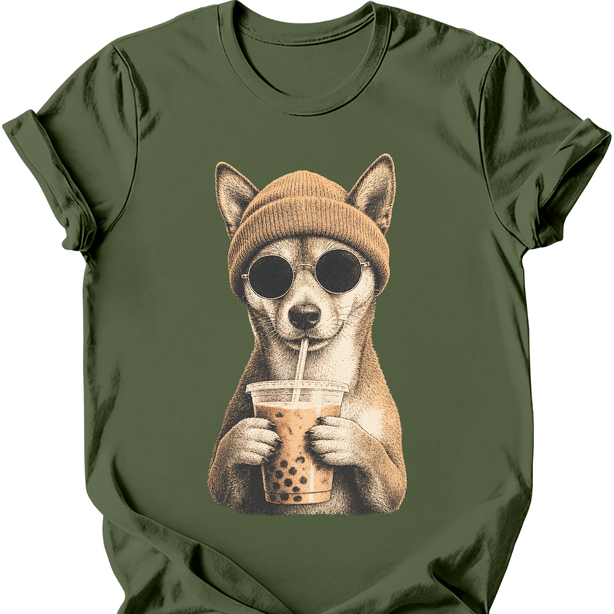 basenji hipster dog tee military green