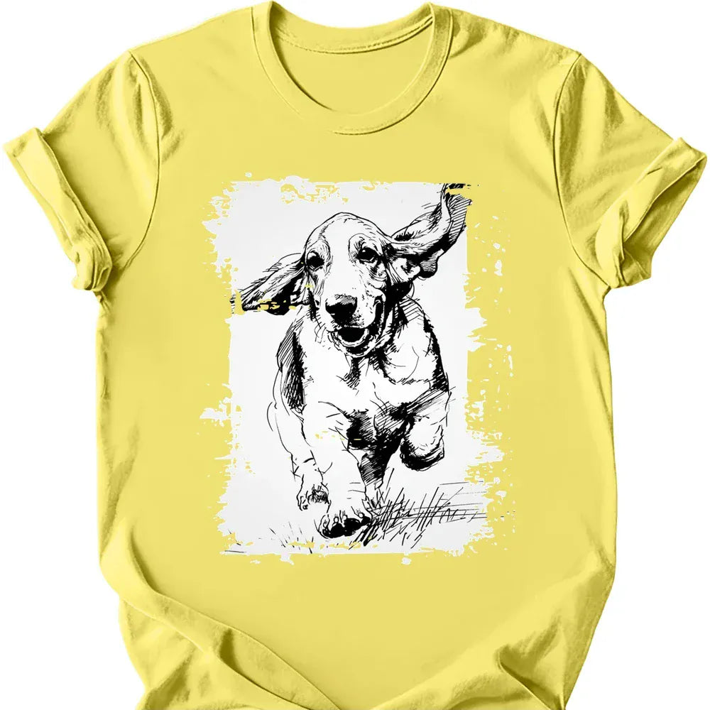Basset Hound running dog tee cornsilk