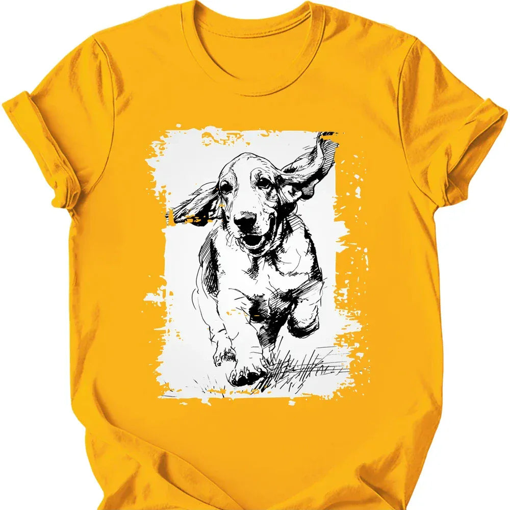 Basset Hound running dog tee gold
