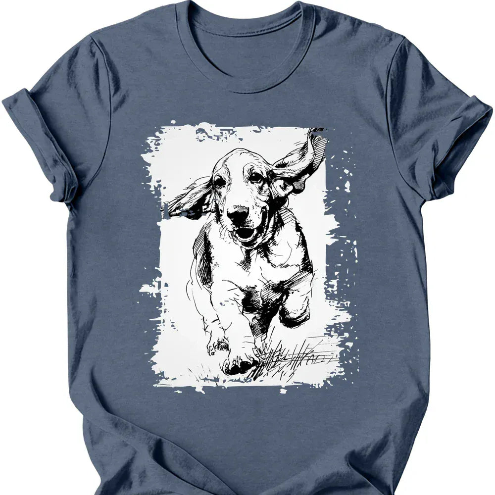 Basset Hound running dog tee heather indigo