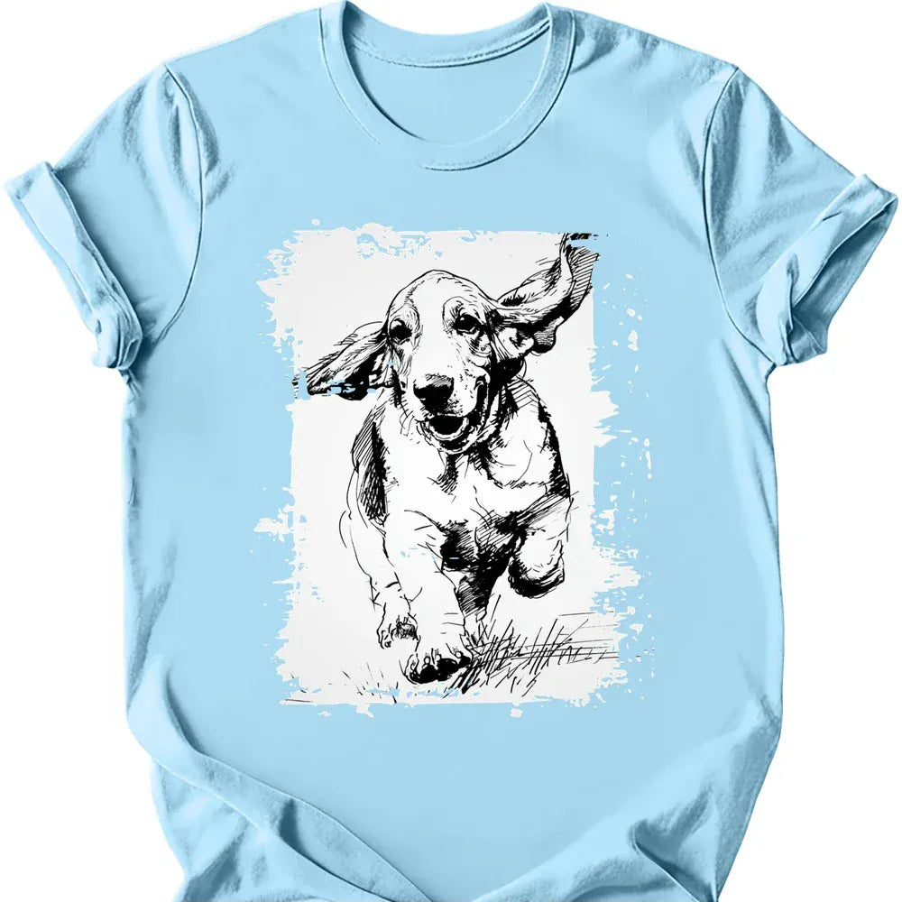 Basset Hound running dog tee light blue