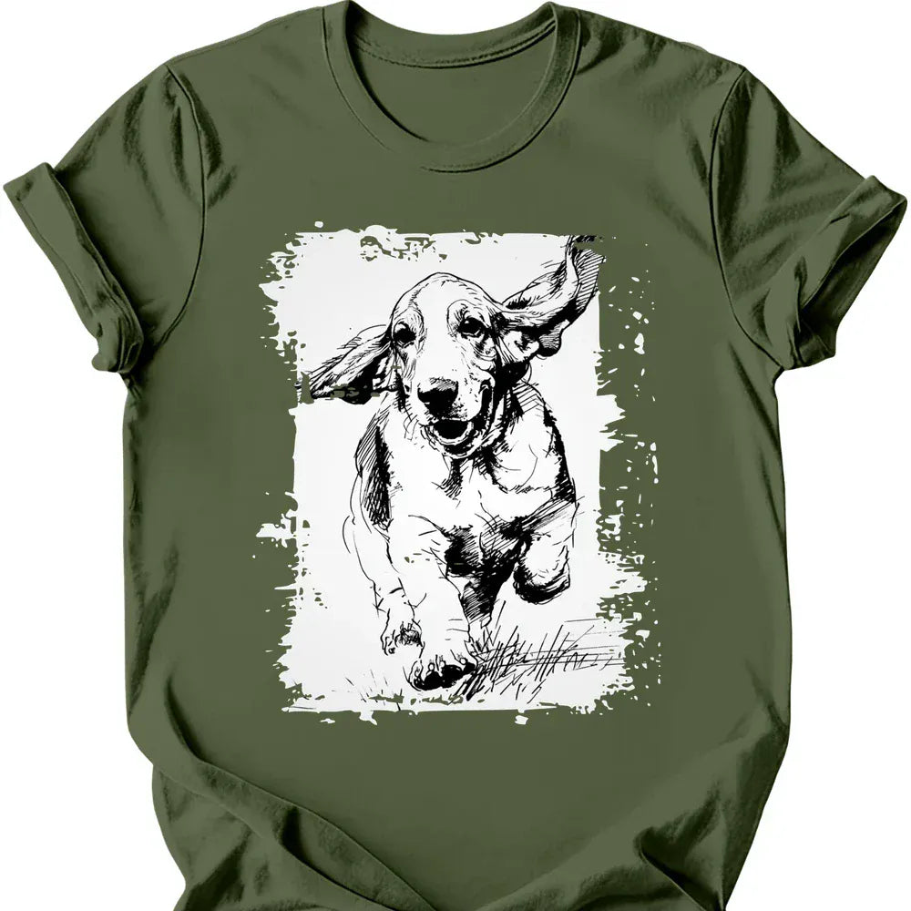 Basset Hound running dog tee military green