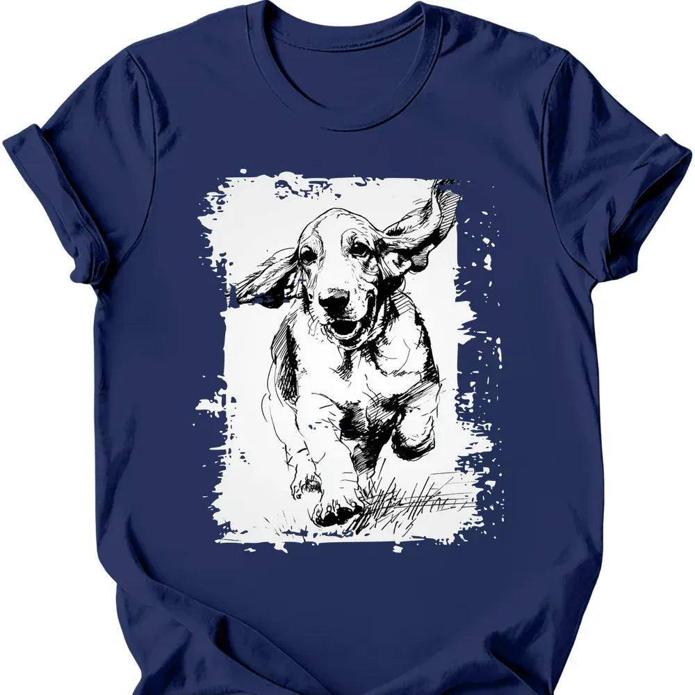 Basset Hound running dog tee navy
