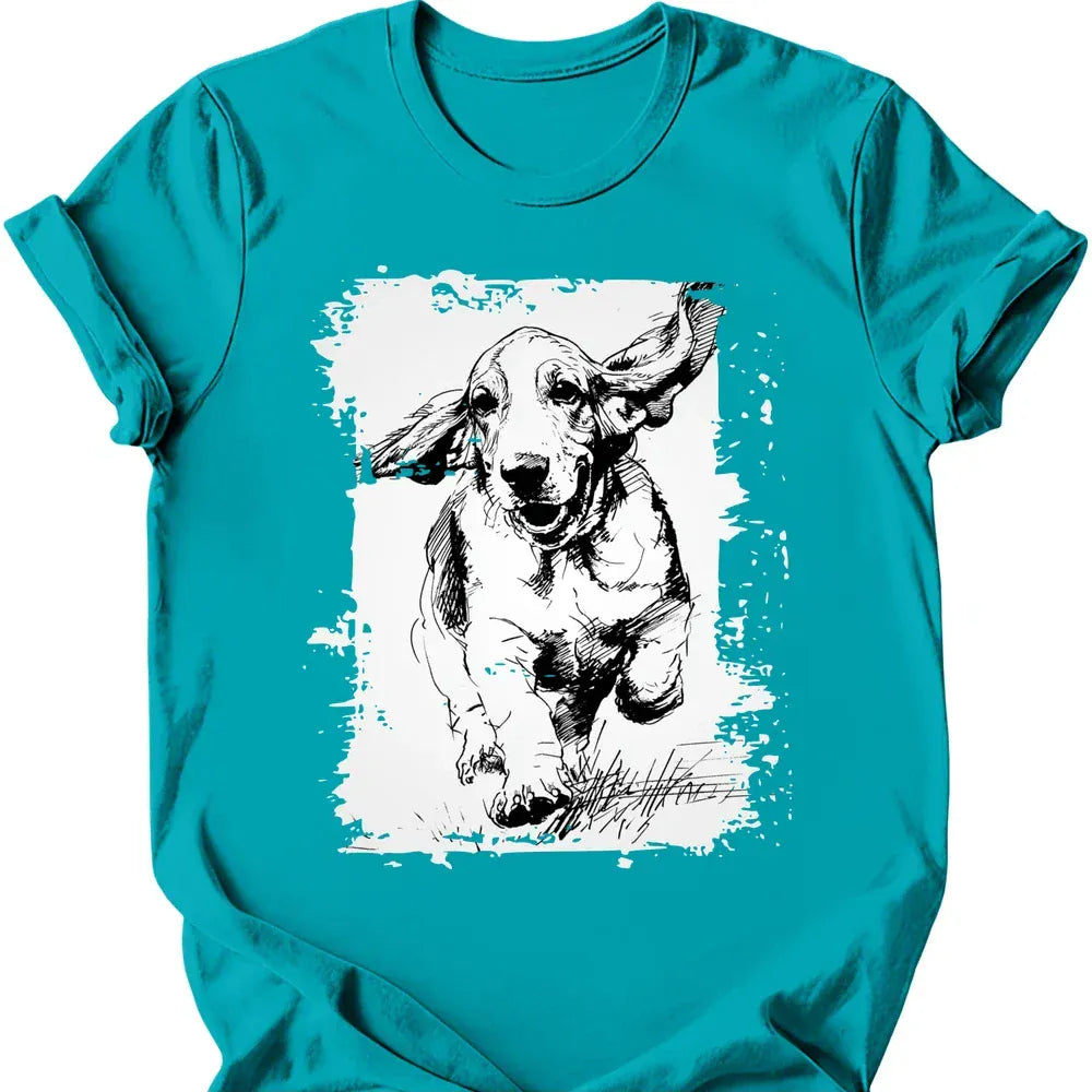 Basset Hound running dog tee tropical blue