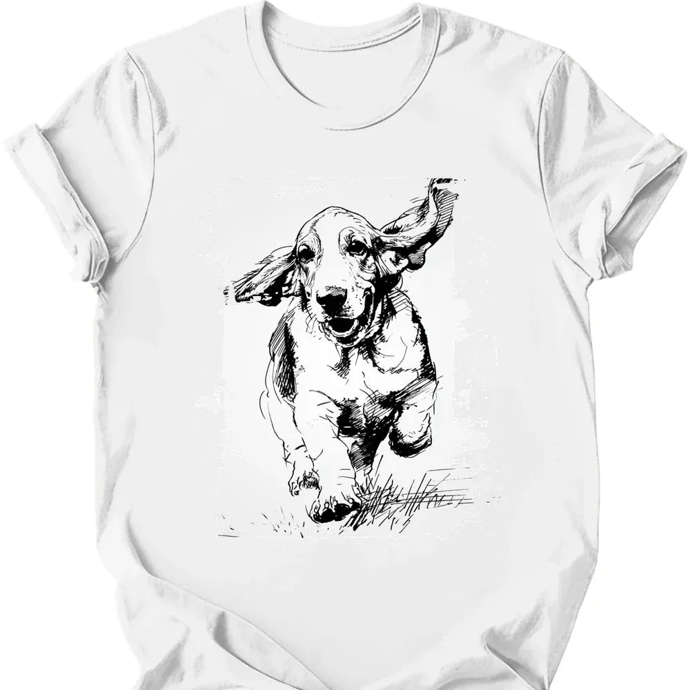 Basset Hound running dog tee white
