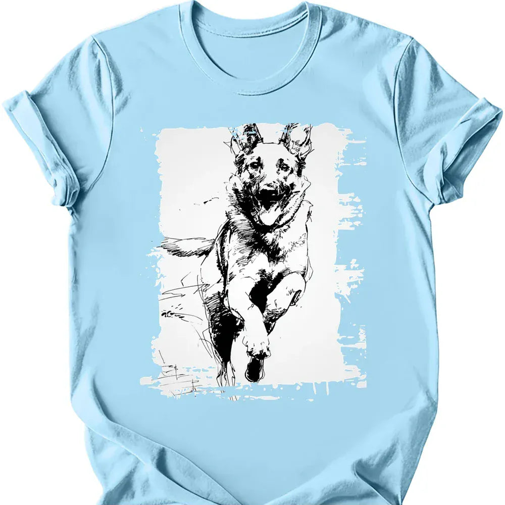 Belgian Malinois running dog tee light blue