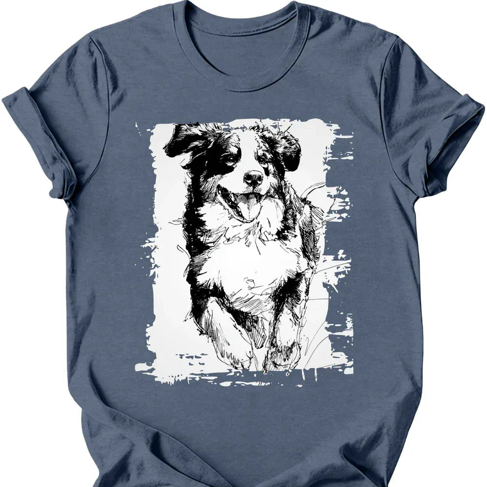 Bernese Mountain Dog running dog tee heather indigo