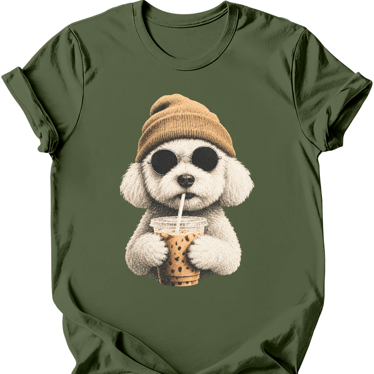 bichon frise hipster dog tee military green