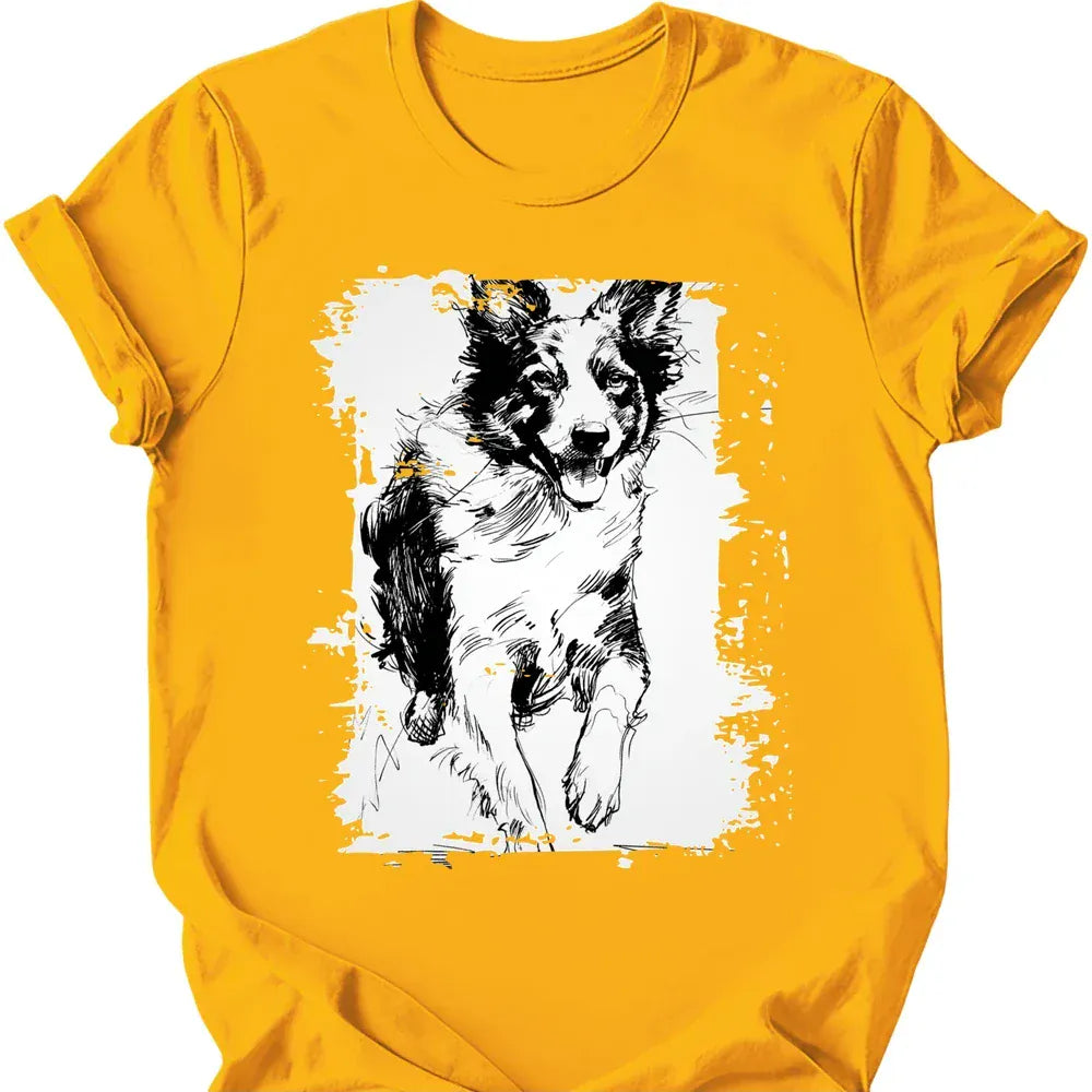Border Collie running dog tee gold