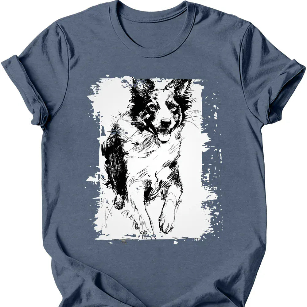 Border Collie running dog tee heather indigo