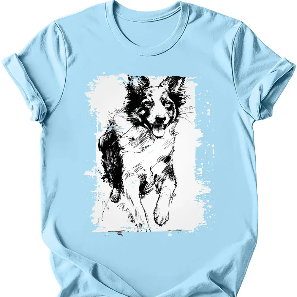 Border Collie running dog tee light blue