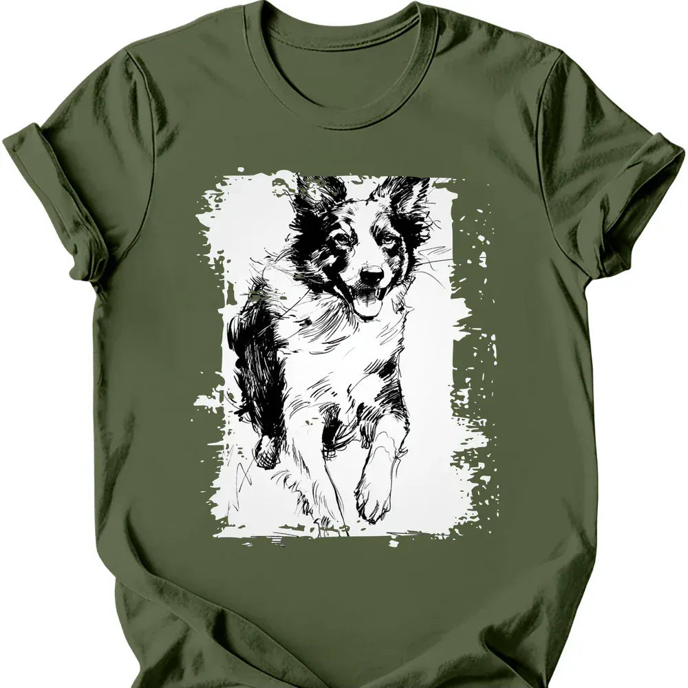 Border Collie running dog tee military green