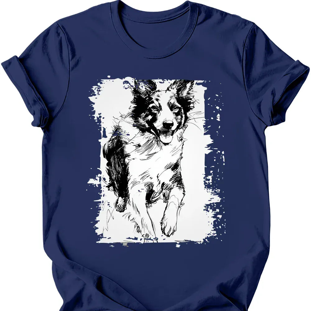 Border Collie running dog tee navy