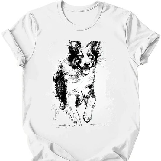 Border Collie running dog tee white