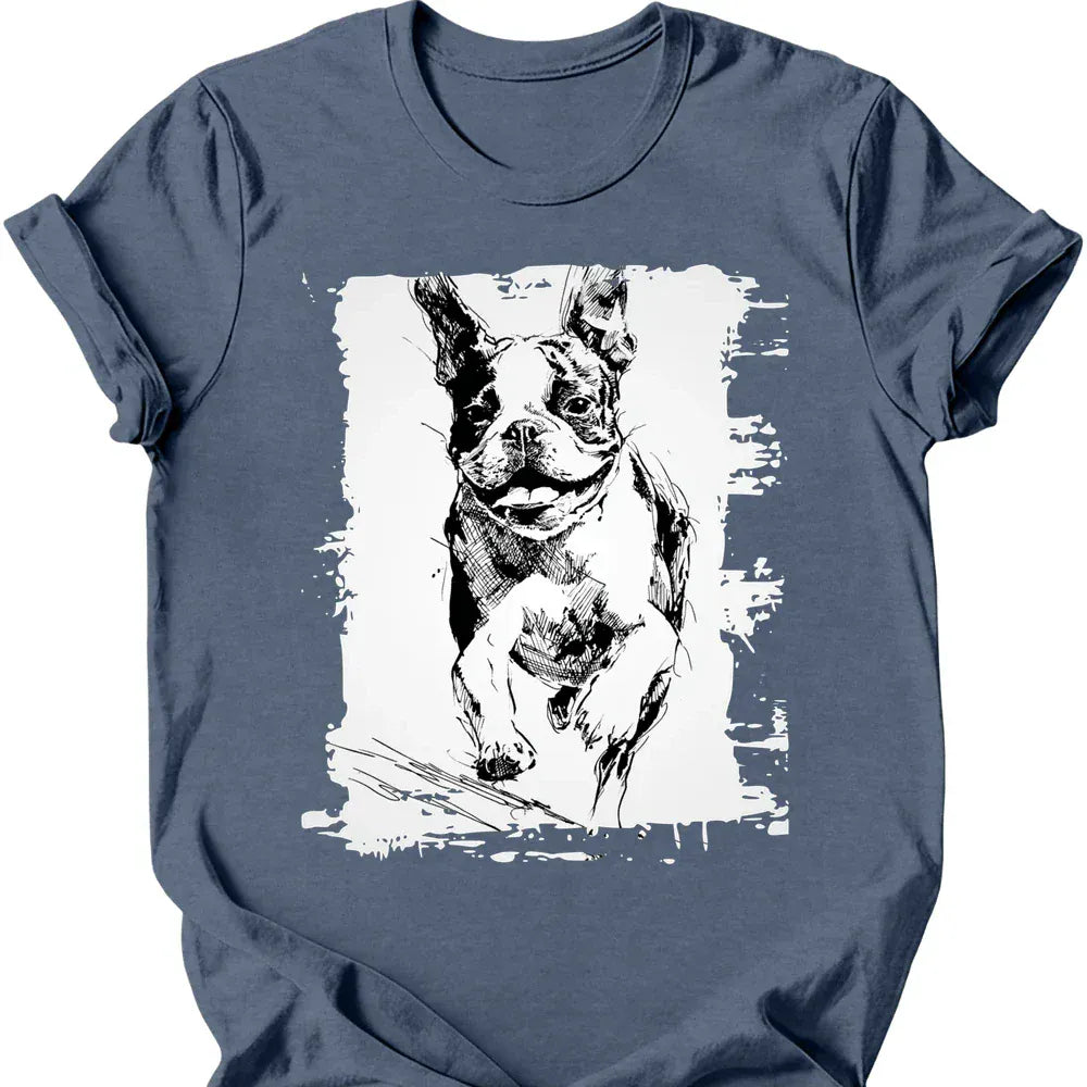 Boston Terrier running dog tee heather indigo