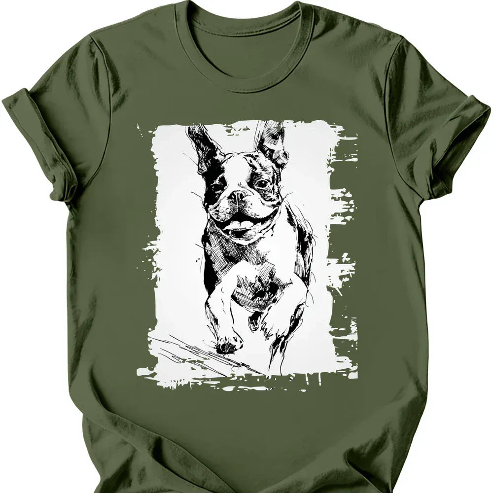Boston Terrier running dog tee military green