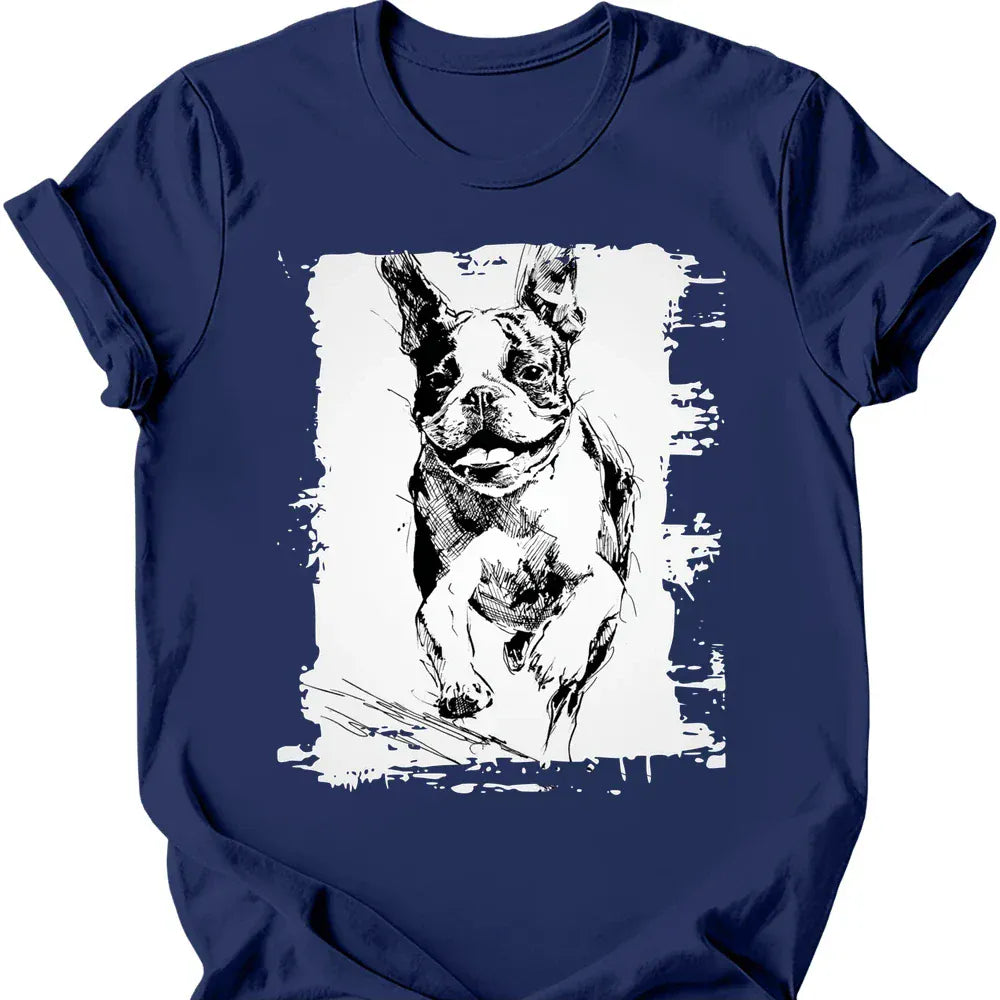 Boston Terrier running dog tee navy