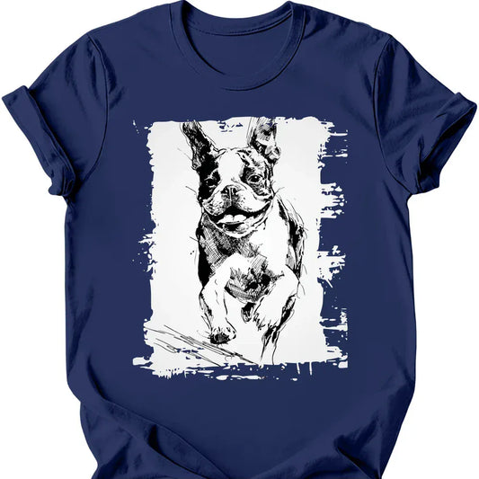 Boston Terrier running dog tee navy