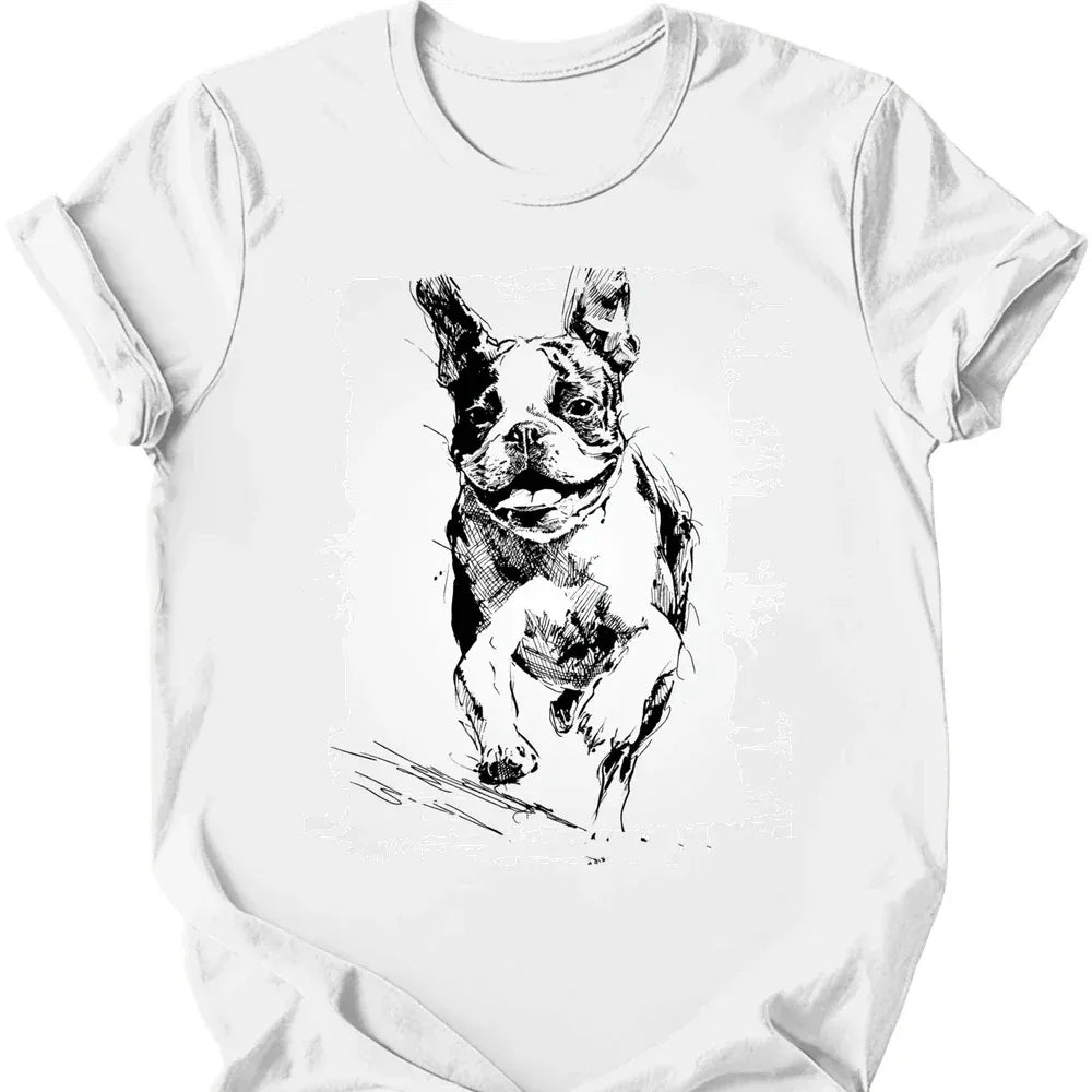 Boston Terrier running dog tee white