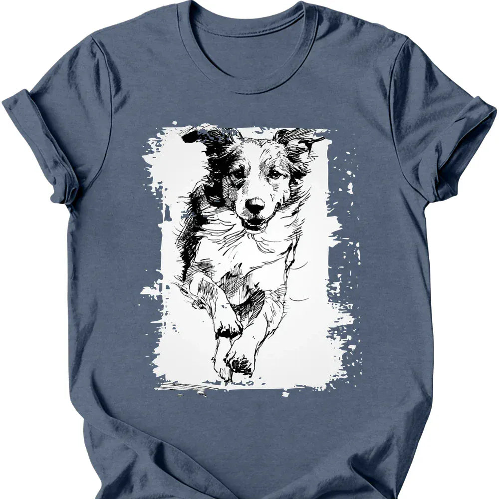 Brittany running dog tee heather indigo