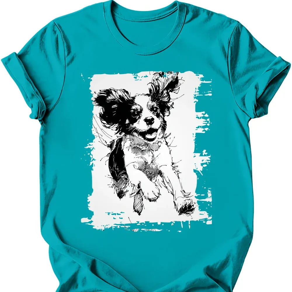 Cavalier King Charles Spaniel running dog tee tropical blue
