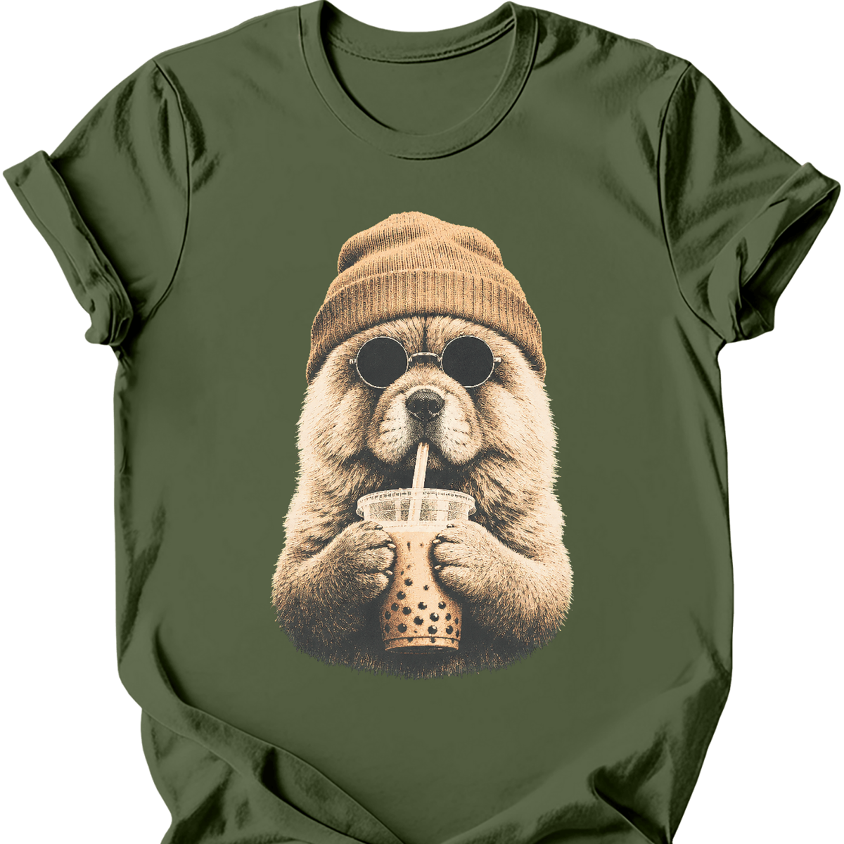 chow chow hipster dog tee military green