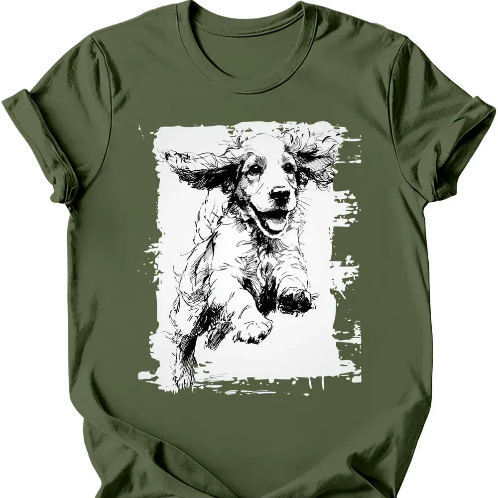 Cocker Spaniel running dog tee military green