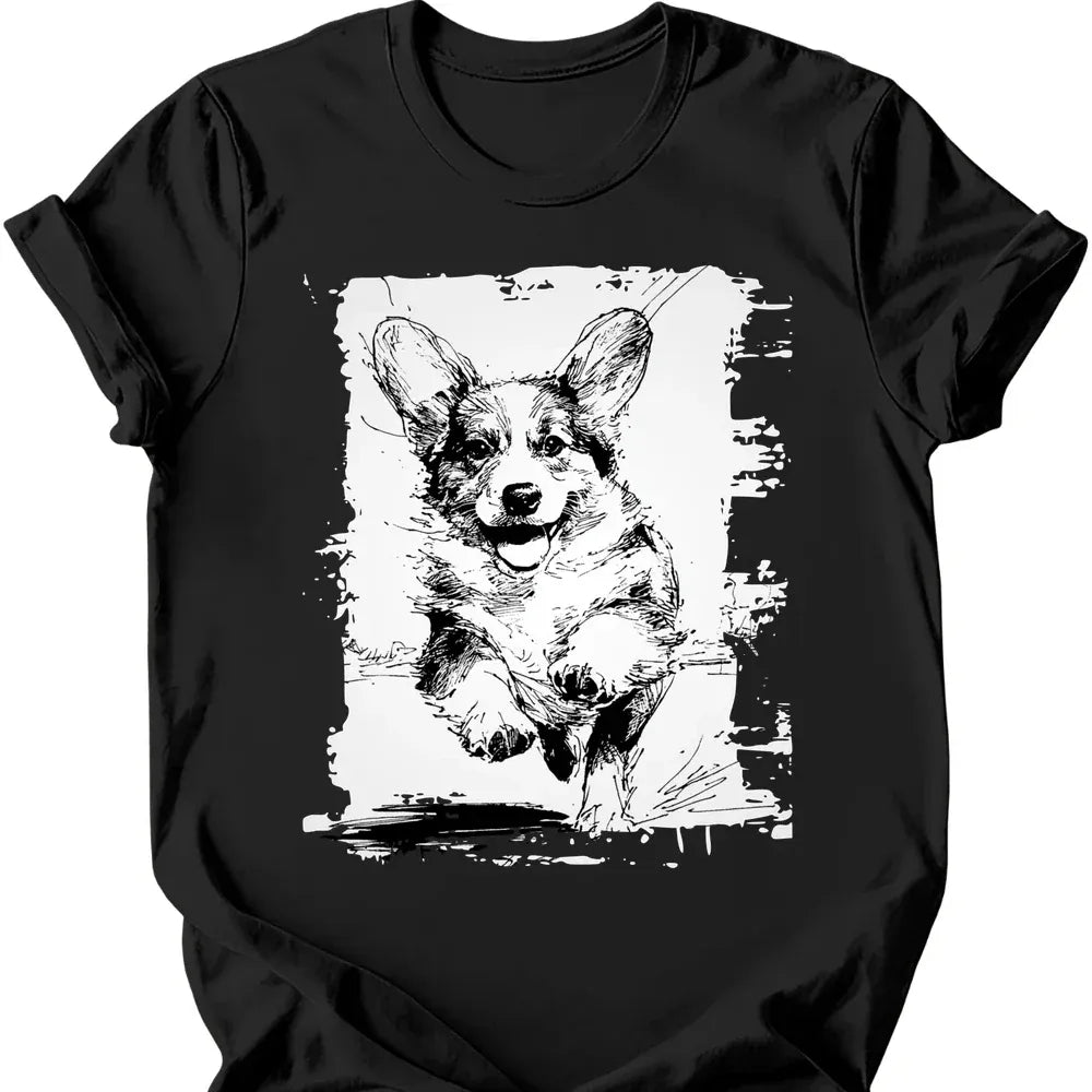 Corgi running dog tee black