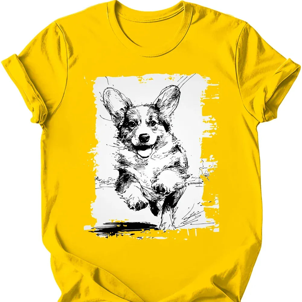Corgi running dog tee daisy