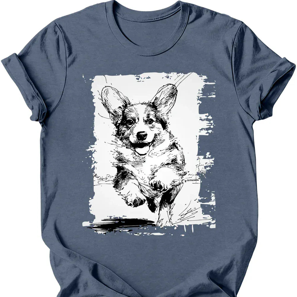 Corgi running dog tee heather indigo