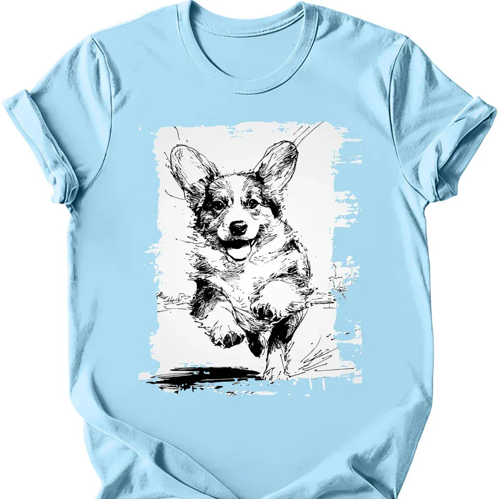 Corgi running dog tee light blue