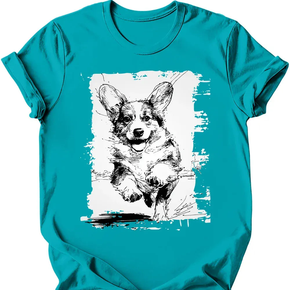 Corgi running dog tee tropical blue