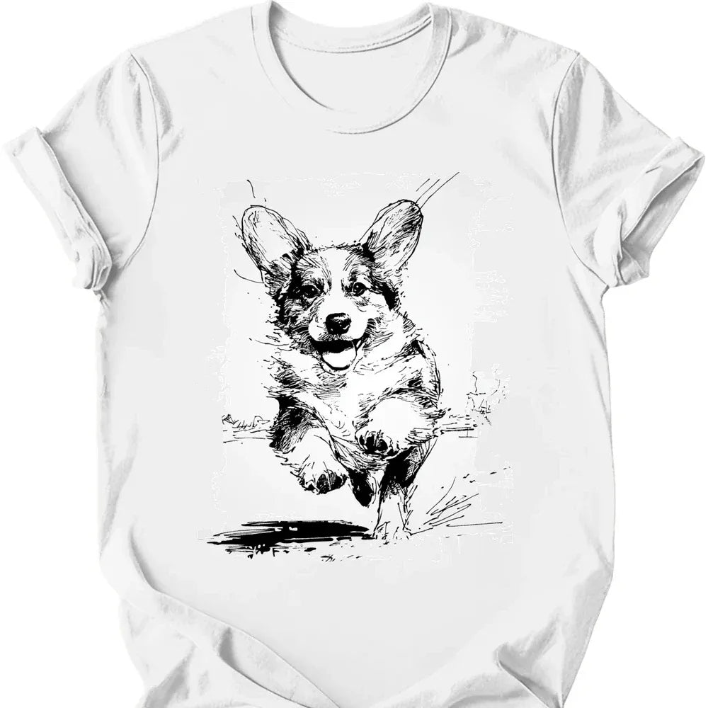 Corgi running dog tee white