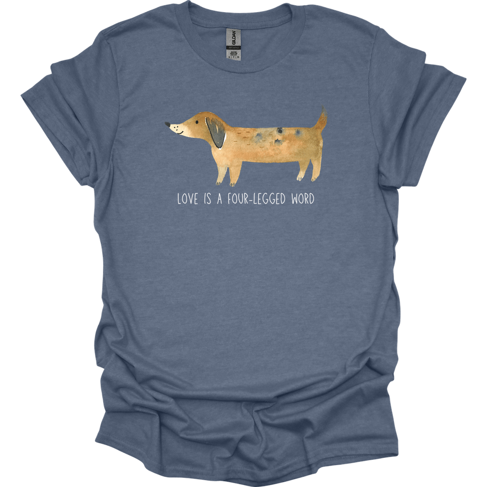 dachshund love is a four legged word shirt heather indigo