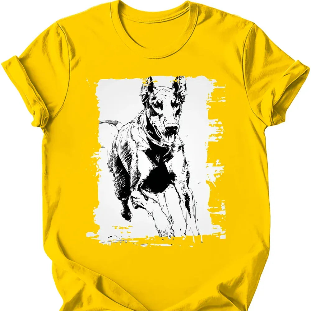 Doberman running dog tee daisy