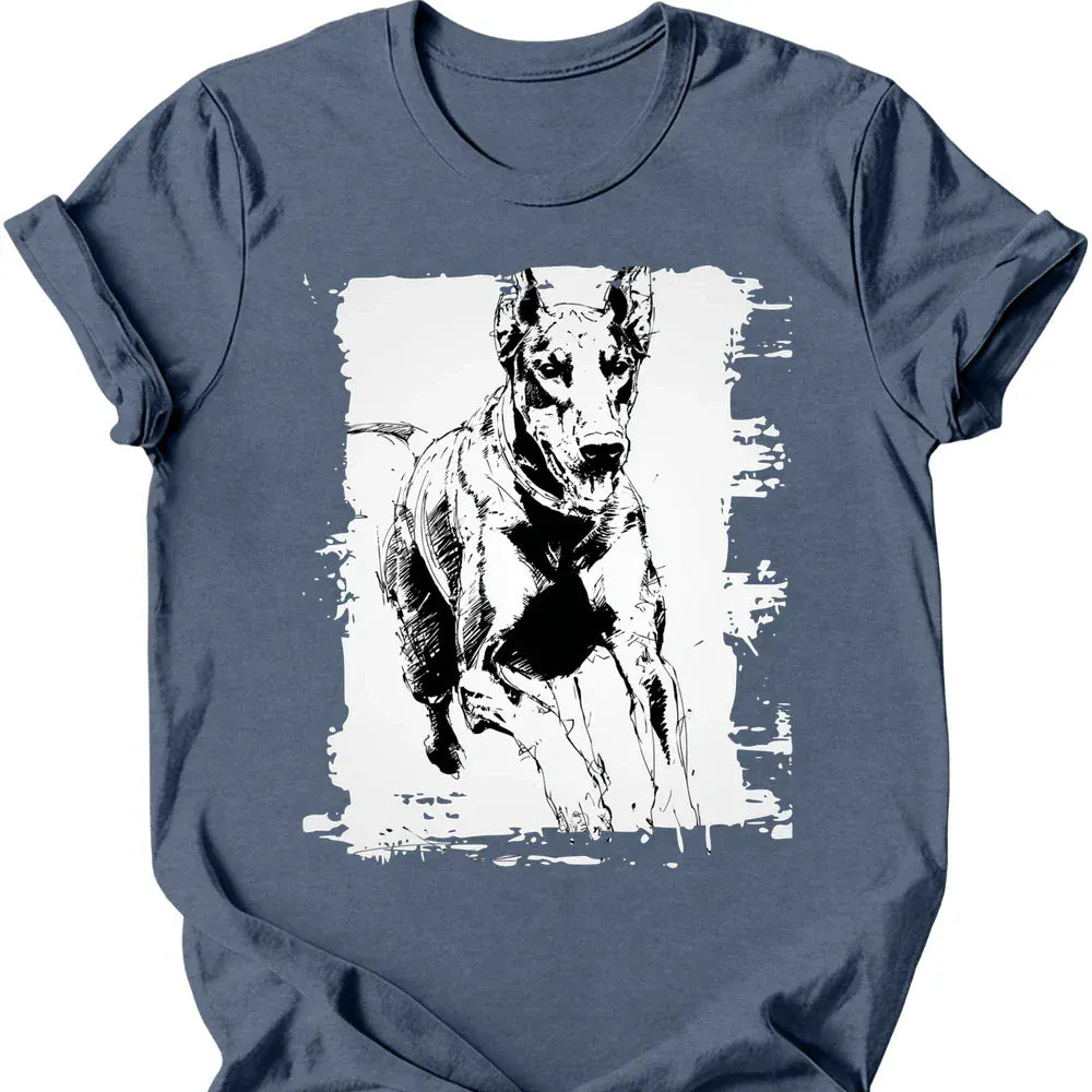 Doberman running dog tee heather indigo