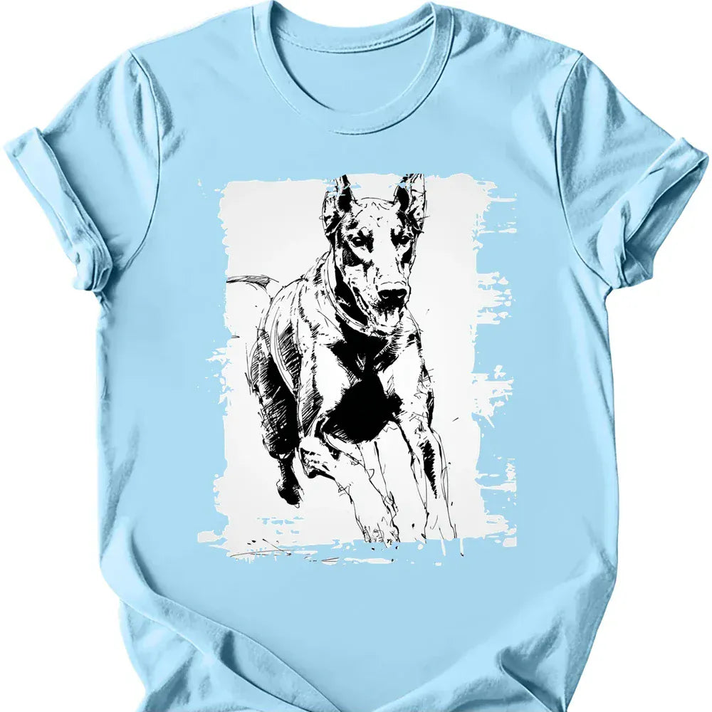 Doberman running dog tee light blue