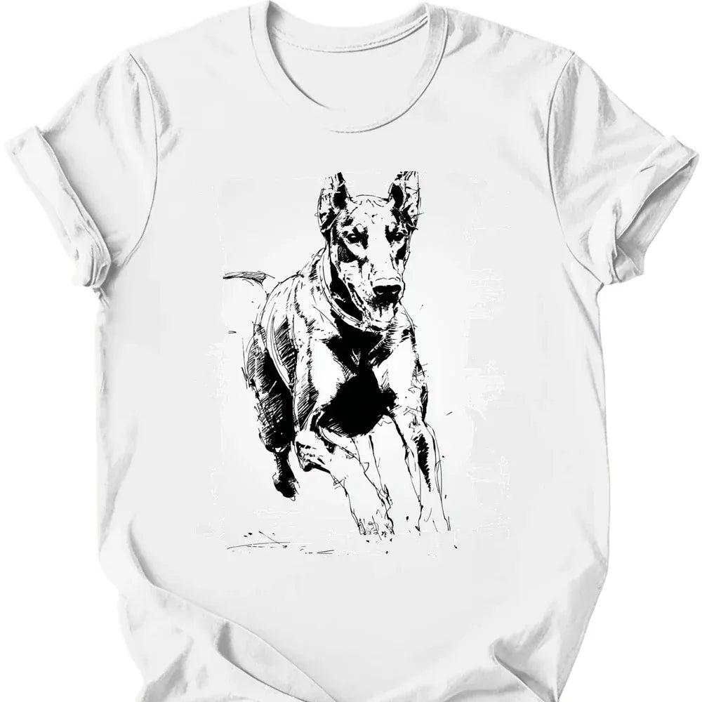 Doberman running dog tee white