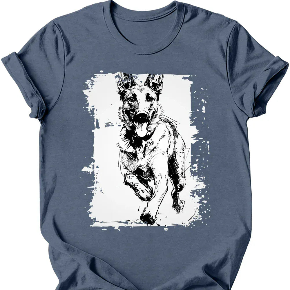 Dutch Shepherd running dog tee heather indigo
