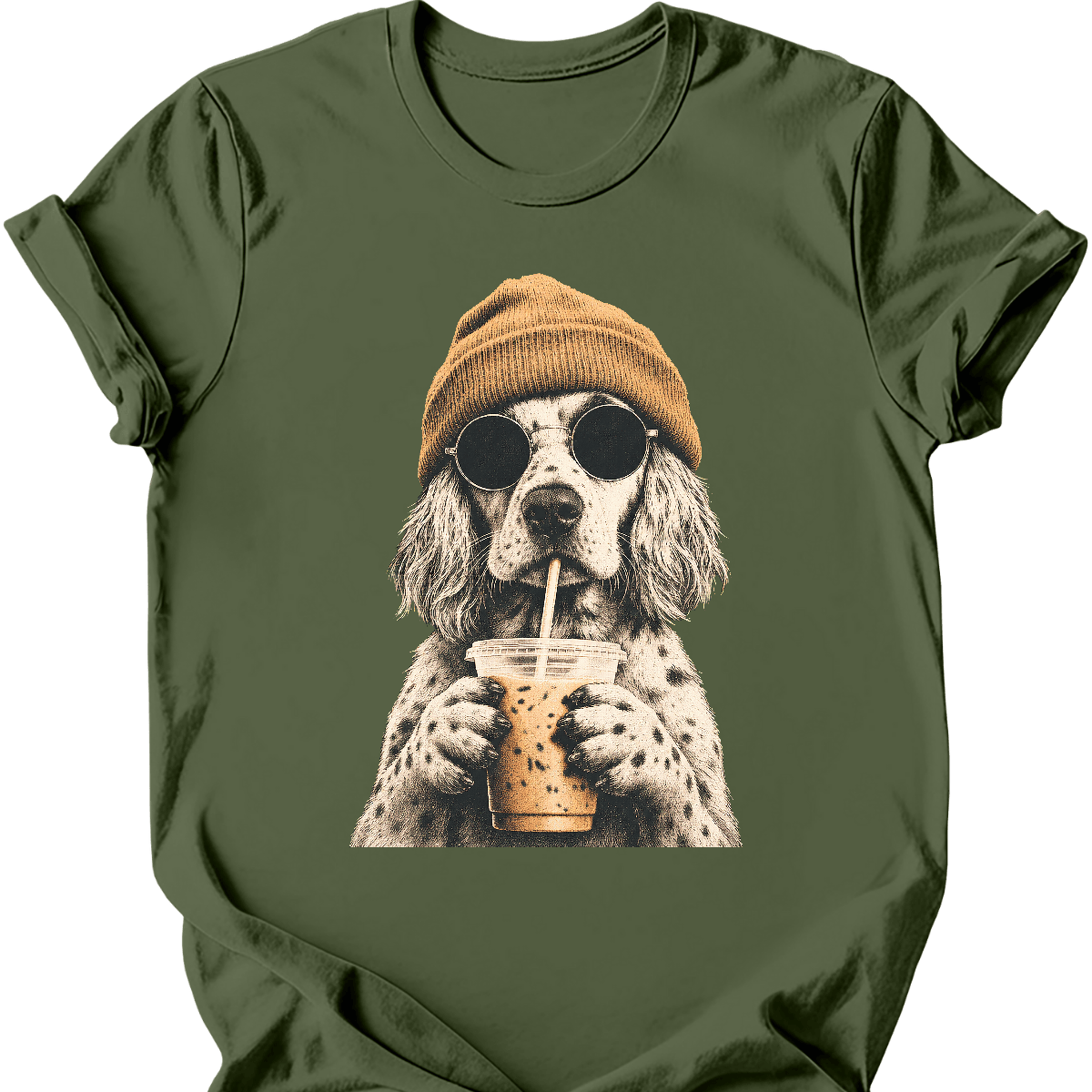 english setter hipster dog tee military green