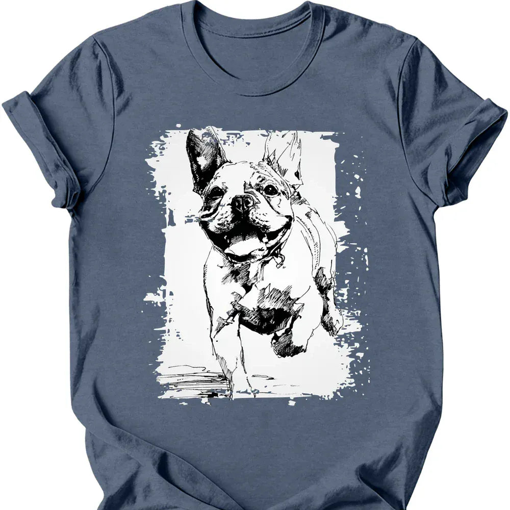 French Bulldog running dog tee heather indigo