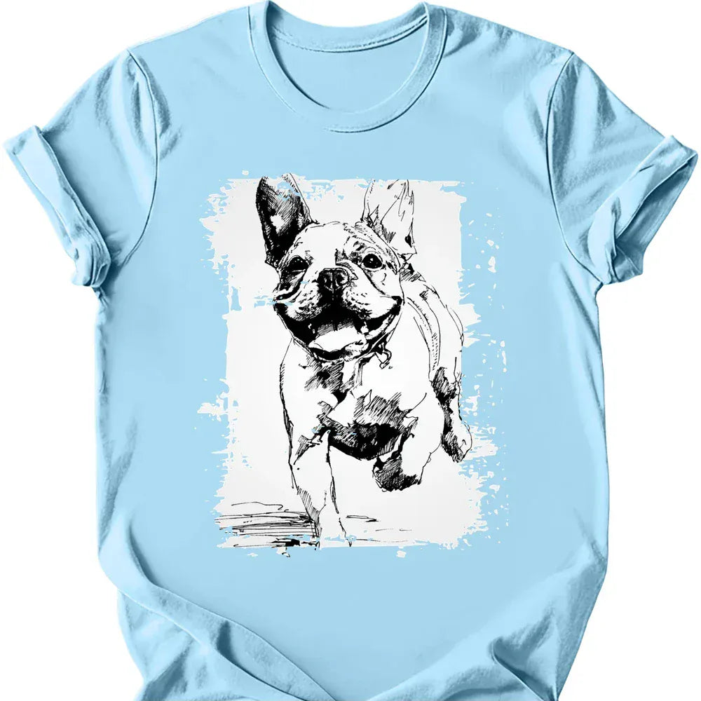 French Bulldog running dog tee light blue