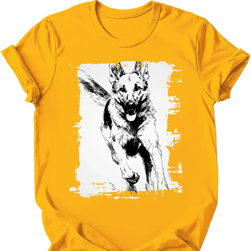 German Shepherd running dog tee gold