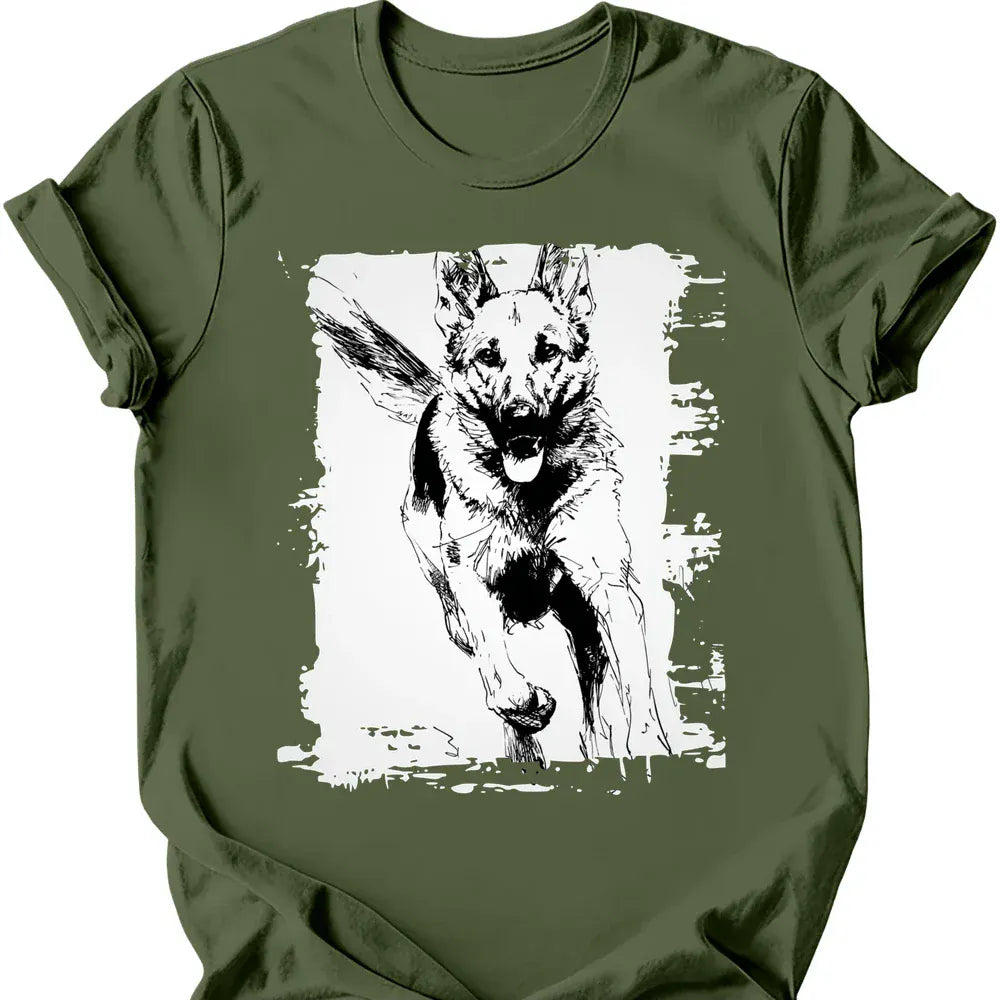 German Shepherd running dog tee military green