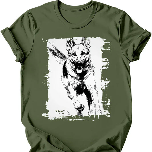 German Shepherd running dog tee military green