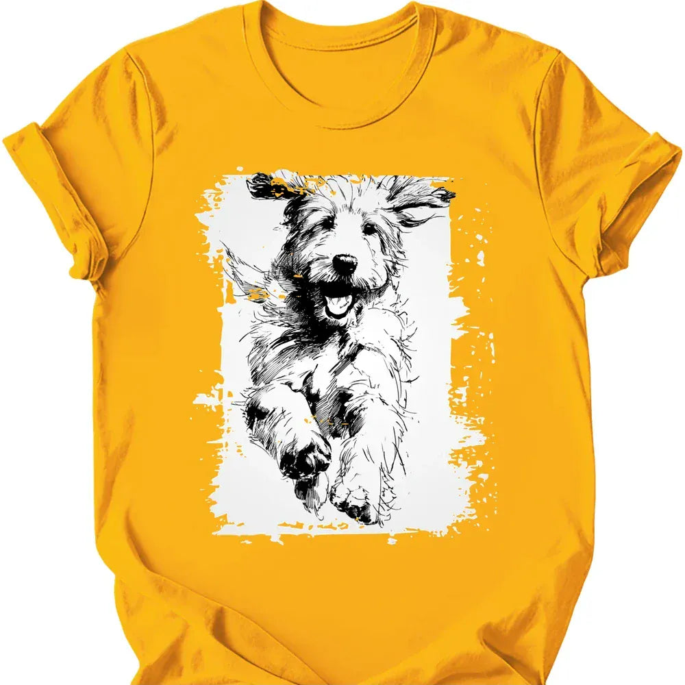 Golden Doodle running dog tee gold