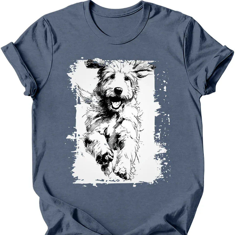 Golden Doodle running dog tee heather indigo