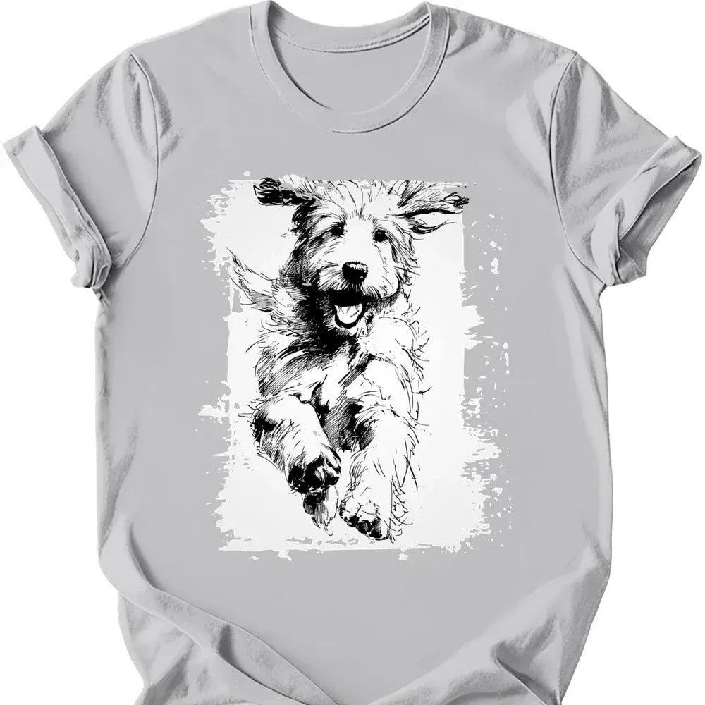 Golden Doodle running dog tee ice grey