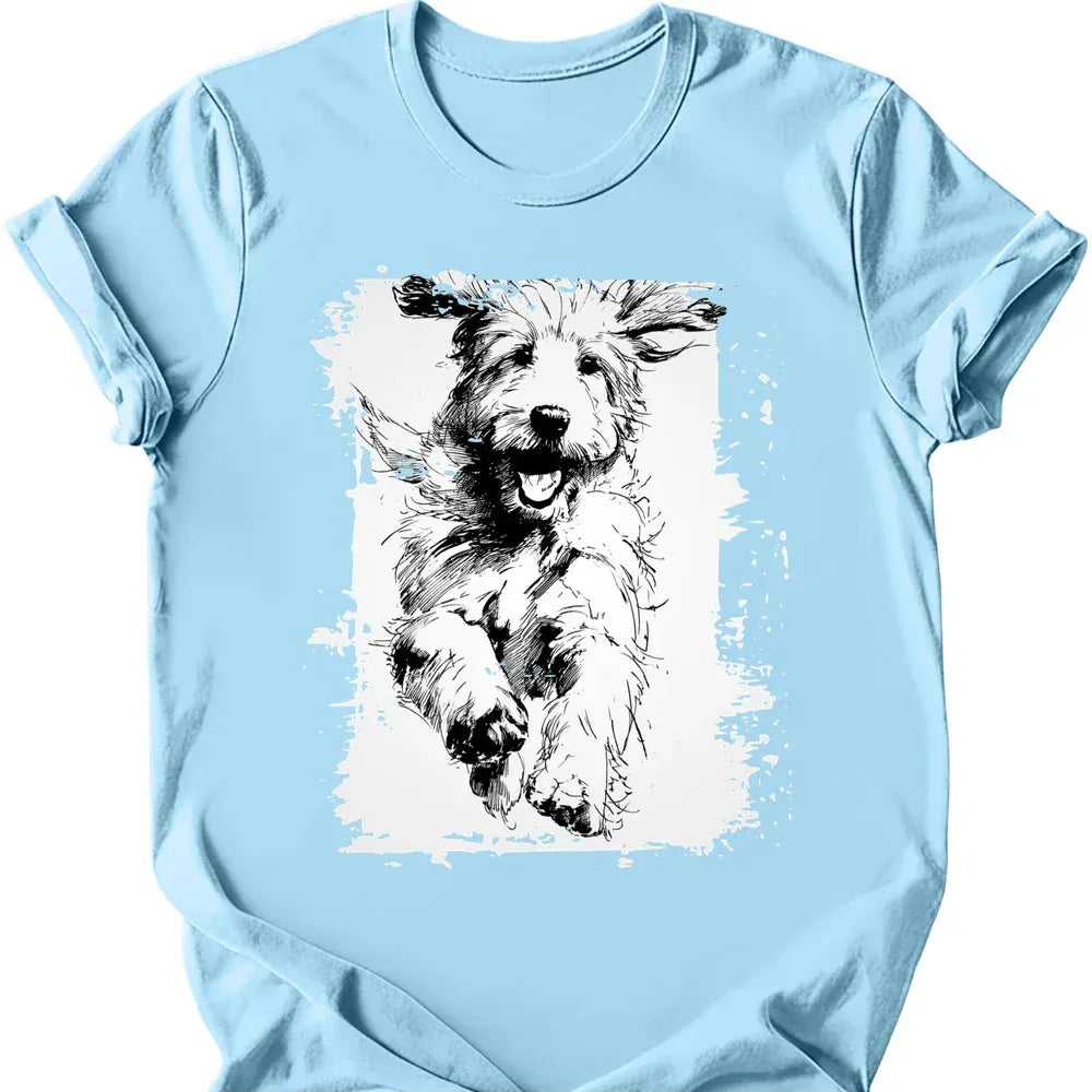 Golden Doodle running dog tee light blue