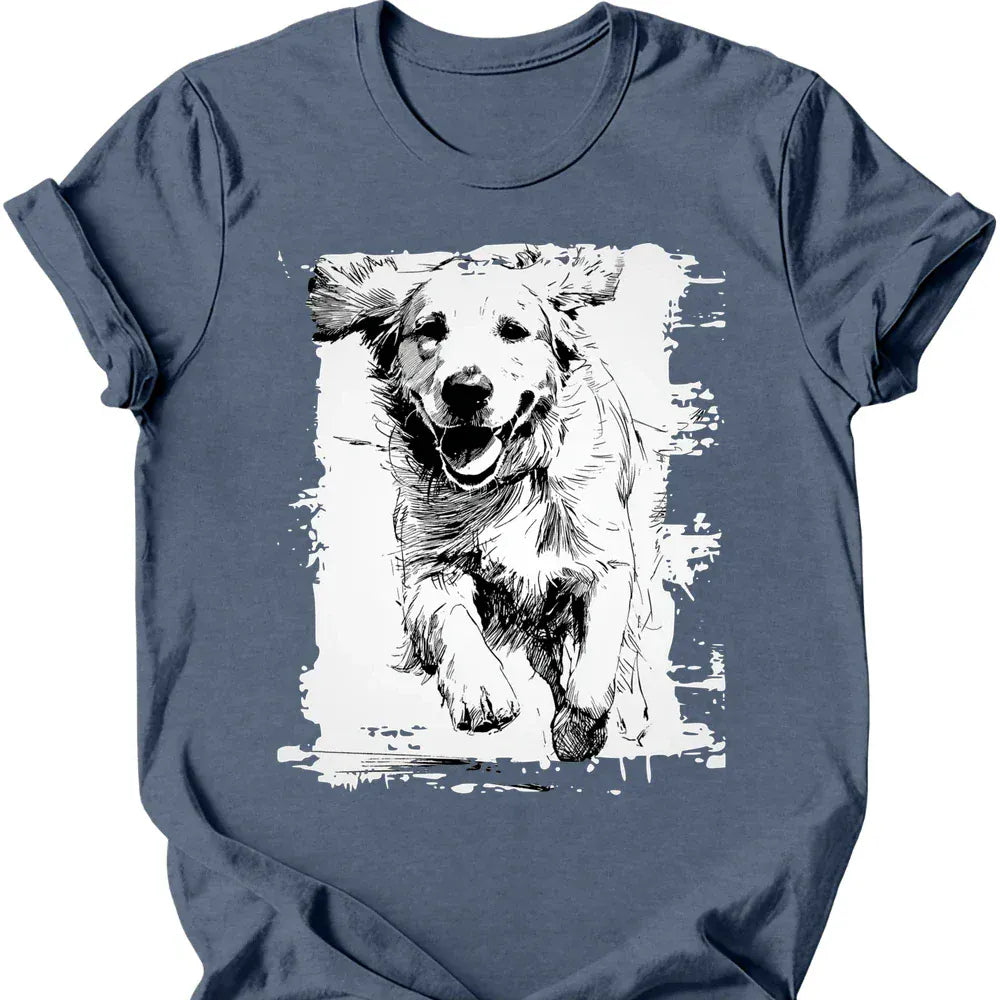 Golden Retriever running dog tee heather indigo